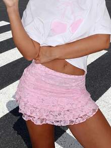 Lace Comfortable Solid Color Versatile Zippered Ruffle Hem Mini Skirt Shorts Casual Pink Summer - Pink - View 2