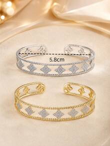 1pc Elegant Double-Layer Zirconia Embellished Rhombus Four-Petal Flower Open Bangle Bracelet For Women, Versatile Fashion Accessory For Party And Gathering - Bracelet - View 6