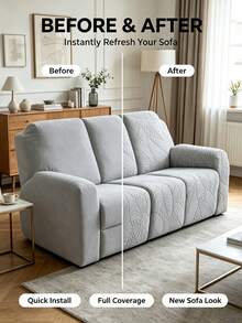 Sarung Sofa Recliner 1/2/3 Tempat Duduk untuk Ruang Tamu, Motif Daun, Sarung Sofa Santai, Sarung Kursi Berlengan, Sarung Sofa Recliner Elastis, Sarung Furnitur - Light Grey - View 4