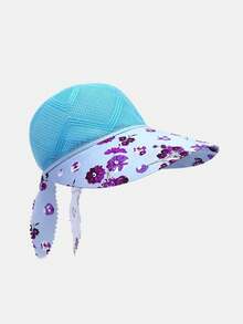 1pc Floral Ribbon Open Top Sun Hat For Women, Summer Hollow Wide Brim Sun Protection Hat, Ponytail Tie, Beach Vacation Sun Hat - Floral Print - View 6