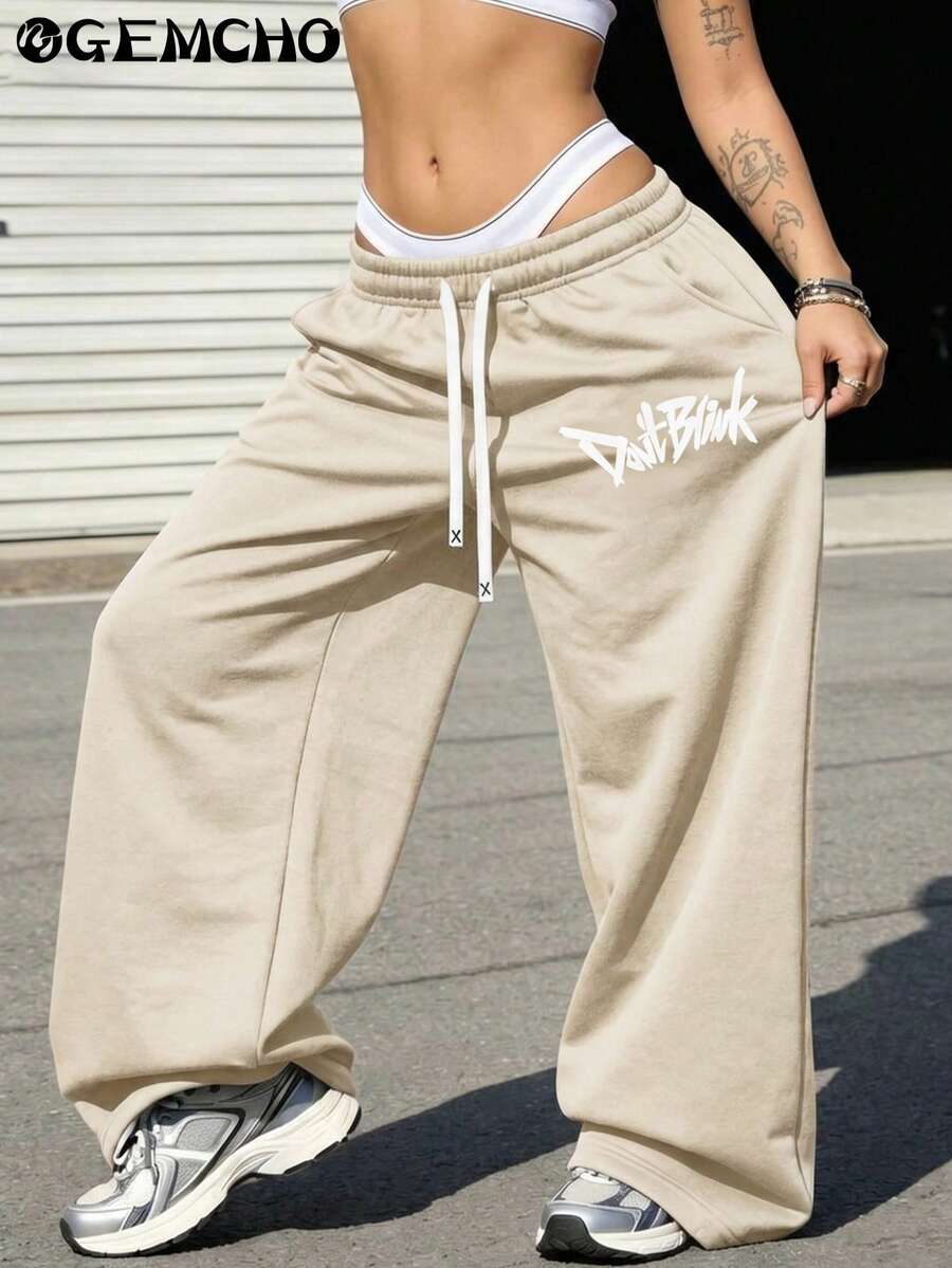 GEMCHO Women's Drawstring Waist Loose Wide Leg Casual Sports Pants, With Pockets, Knit Fabric With Slight Stretch, Suitable For Casual, Running, Jogging - Apricot - View 1