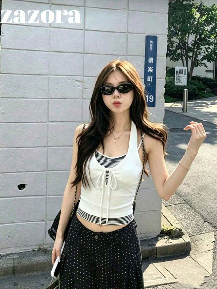 性感設計女款修身顯身材條紋拼接短版 2 合 1 吊帶背心上衣,夏季服飾,美學白色 - 白色 - 查看 1