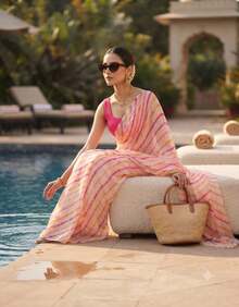 Estationeryhouse Chiffon Saree With Coloured Stripes With Unstitched Blouse - Hot Pink - View 2