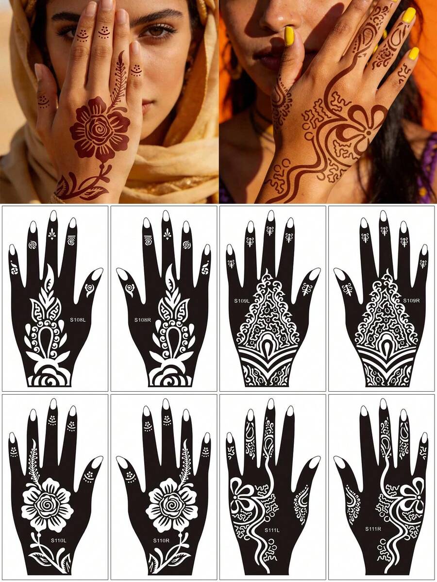 8件組 Mehndi 漢娜紋身模板套裝，傳統花卉圖案 Mehndi 模板，可重複使用手部紋身貼紙，適用於節日、海灘派對 DIY 裝飾