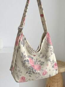 1pc Floral Print Corduroy Shoulder Bag, Large Capacity Zip, Adjustable Shoulder Strap Crossbody Tote For Ideal For Gifts, Date, Commute & Vacation - Multicolor - View 2