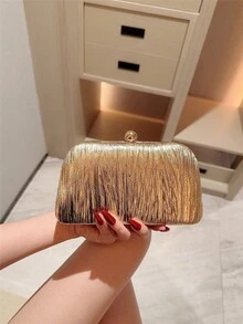 Moonlit Eve Bag 1個金色百褶迷你方盒手拿包，高端金屬雙珍珠鈕扣設計，優雅方盒晚宴包，適合派對女孩、新娘、大學生、職場新人與白領女性，適用於派對、舞會、婚禮，完美搭配舞會配件，附金屬鍊條 - 金色 - 查看 3