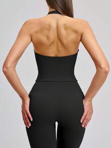 NcmRyu Women's One Set Slim Fit Solid Color Deep V-Neck Flared Pants Backless Sports Outfit - Black - View 10