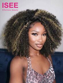 ISEE New Invisible Hairline Half Wig, African Curly Hair, 180% Density, 16-20 Inch Regular Length, Black Base With Honey Gold Highlights, Reversible Wear, Glue-Free Wig, Suitable For Beginners - S2/24 - View 3