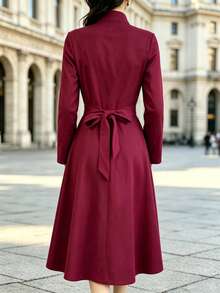 Women's Fashion Elegant Stand Collar Button Mid-Length Dress - Burgundy - View 2