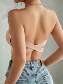 Women's Bandeau Lace Bra, Wireless Cross Back Support, Anti-Slip Side Support, Adjustable Buckle, No Padding Bandeau Bra, Suitable For Matching With Dresses And Tops - Champagne - View 9
