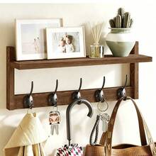 Wall Hook With Shelf – Wooden Entryway Storage Rack With 5 Double Hooks, Vintage Wall-Mounted Coat Rack, Suitable For Bathroom, Living Room, Bedroom - Multicolor - View 1