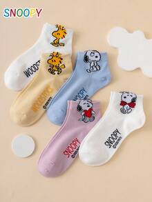5 Pairs SNOOPY Authentic Women's Short Socks With Cartoon Dog And Letter Pattern - Multicolor - View 3