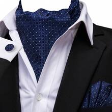 Navy Blue Tiny Square Texture Ascot Cravat, 3 Piece Coordinated Set Ideal For Office Work Includes Hanky Cufflinks - Blue - View 2
