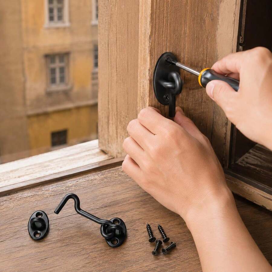 1 Set 4-Inch Black/Silver Barn Style Simple Door Lock Hardware, Sliding Eye Hook Lock With Screws, Rust-Resistant Metal Lock For Privacy Protection, Suitable For Indoor Doors, Windows, Wooden Fences And Garage Doors - A - View 1