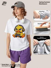 Herren Sommer Lässig Weiches Rundhals Kurzarm-Shirt,Niedlicher Gamer Ente mit Headset Controller Lebendiger Cartoon Muster Grafik Geeignet für Street Da - Weiss - Übersicht 4