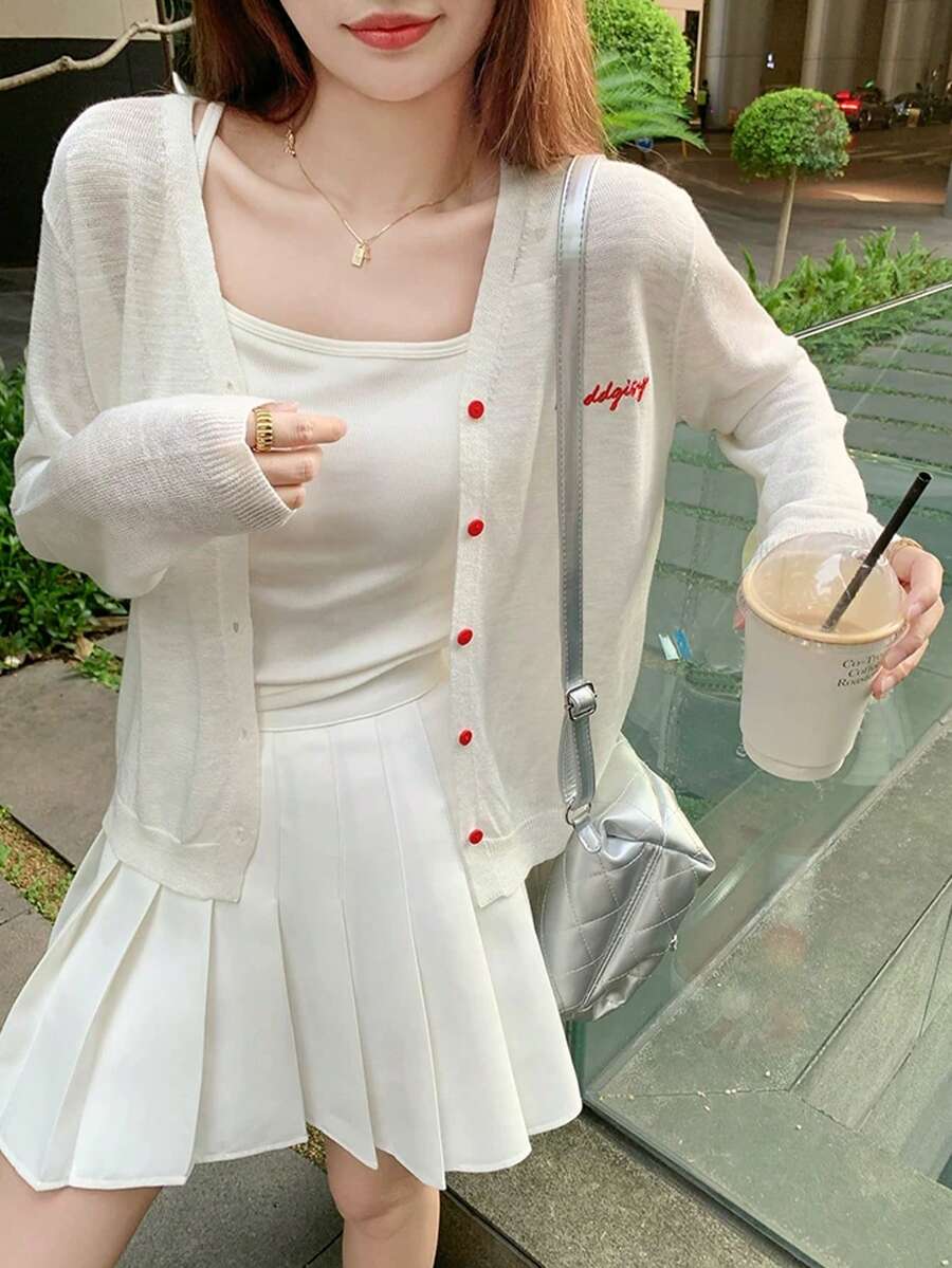 Atmospheric Gentle Korean Style Trending Thin Knit Cardigan, Women's Long Sleeve Sun Protection Cardigan, Red Button Embroidery Letter Detail White - White - View 1