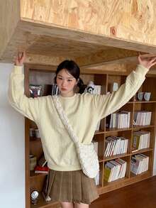 1件女士纯色宽松长袖卫衣 - 杏色 - 查看 4