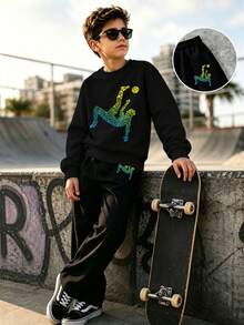 2pcs/Set Boys Robot Soccer Print Crew Neck Sweatshirt & Pants Set, Autumn/Winter Fashion Comfortable New Style - Black - View 3