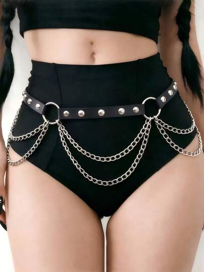 1pc Women's Gothic Black Waist Belt Waist Chain Tassel Chain Decor Sexy Wrap Waist Cincher Suitable For Bar Nightclub Performance Outfit Matching