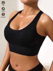 Runway Rest 1pc Solid Color Women's Sports Bra, Removable Padding Fitness Yoga Racerback Comfortable Sports Underwear - Black - View 3