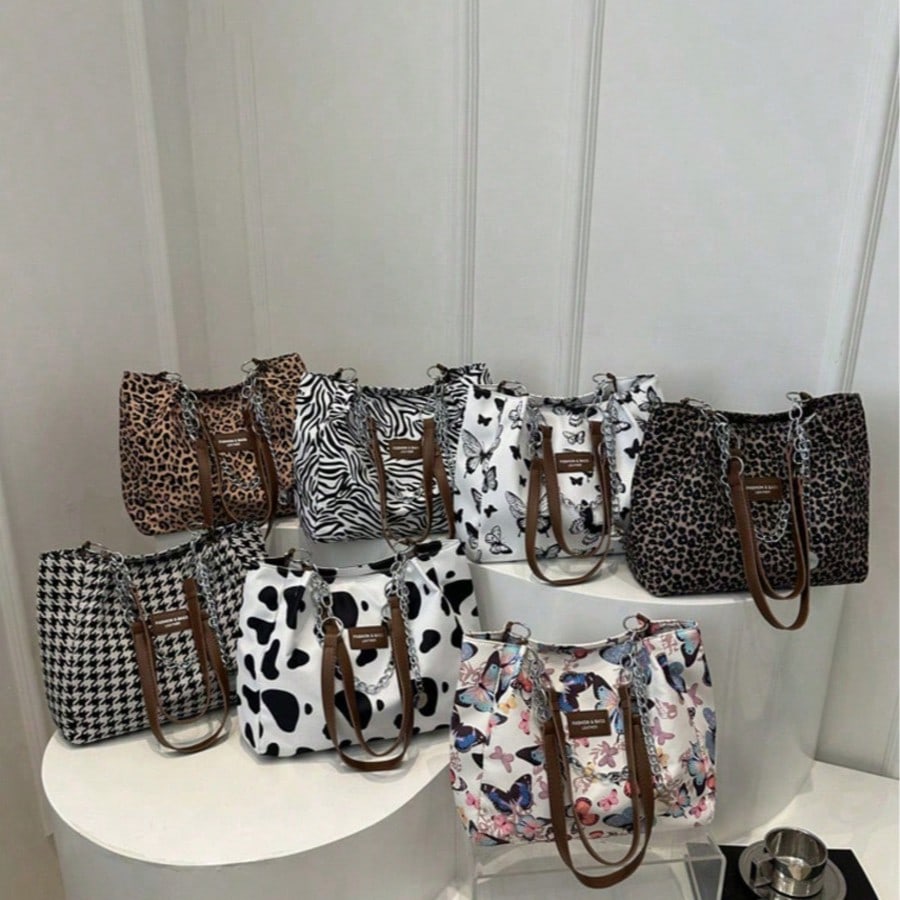 Butterfly Floral Print Fabric Tote Bag For Women,Chain Decor Large Capacity Shoulder Handbag,Fashion Versatile Bag For Daily Commute ,Casual Outings
