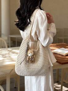 Fashionable Niche Design Hollow Woven Shoulder Bag, Multifunctional Leisure Vacation Style Armpit Bag, Simple Daily Cute Pendant Large Capacity Bag - Beige - View 3