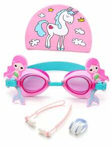 Children's Swimming Goggles Set (Nose Clip + Storage Bag + Swim Cap + Goggles) Unisex Swimming Goggles, Waterproof Anti-Fog, New , First Day Of School - Pink - View 4