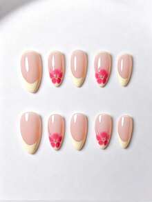 10 pièces d'ongles faux amande à coller, style français jaune simple et mignon d'été, avec petites fleurs écloses peintes à la main, élégants et légers luxe, pour femmes et filles, pour le quotidien, l'école et les fêtes - Jaune citron - Voir 3