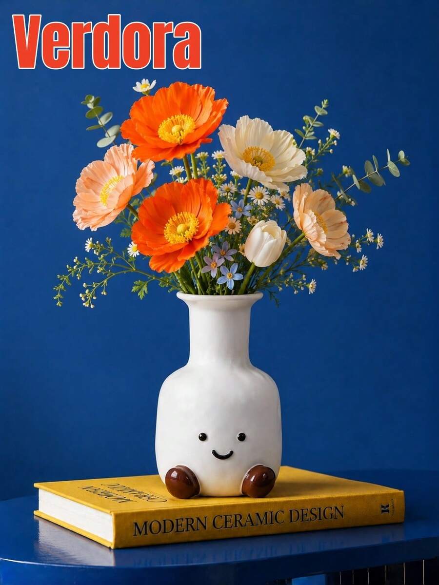 1件可愛卡通笑臉花瓶，白色可愛家居裝飾擺件，寵物造型花瓶 - 笑臉-新 - 查看 1