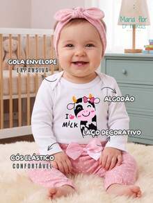 Kit Conjunto Menina Fofo Algodão Body Calça Frufru Meia Estação Faixa Roupinha Moda Bebê Infantil - Longo Unicórnio/ Frufru Rosa/ Faixa - Visão 5