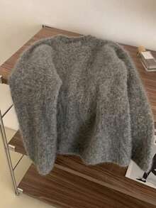 EAVA Dark Gray Round Neck Knit Sweater, Fluffy Curly Plush Fabric With Misty Atmosphere, Soft Thick Warm And Non-Irritating, Loose Drop Shoulder Wide Sleeve Hiding Body Shape And Slimming, Simple All-Match Round Neck With Ribbed Cuffs Resistant To Deformation, Short Loose Body Optimizing Body Proportion, Low Saturation High-End Gray Suitable For All Skin Tones, Suitable For Single Wear Or Layering In Autumn/Winter, Versatile Casual Lazy Pullover Top - Dark Grey - View 4