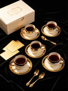 6 Sets / 1 Set 90ml (Approx. 3oz) French Luxury Pearl Edge Gold Brushed Cup And Saucer Set, With Gold Rim Matching Base, Minimalist Aesthetic Drinkware Suitable For Home Cafe Use, Italian Espresso Cup For Afternoon Tea, Mother's Day Gift, Graduation Gift, Summer Kitchen Essential, Birthday Decoration, Kitchen - Multicolor - View 6
