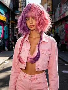 Short Pink And Purple Gradient Heat Resistant Synthetic Cosplay Wig For Anime Characters Halloween Role Play Party Layered Fluffy Style With Natural Curl Ends - Two-Tone - View 2