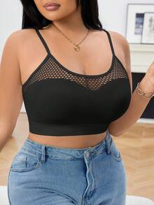 1pc Plus Size Seamless Mesh Hollow Out Breathable Women's Bra And Underwear, Comfortable Backless Seamless Plus Size Bra And Camisole - Black - View 3