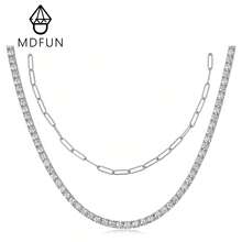 MDFUN 2件組混金屬層次項鍊套組，不鏽鋼迴紋針/橢圓鏈條 + 銅色 3mm CZ 鑽石網球疊戴項鍊，女款 - 白色 - 查看 1