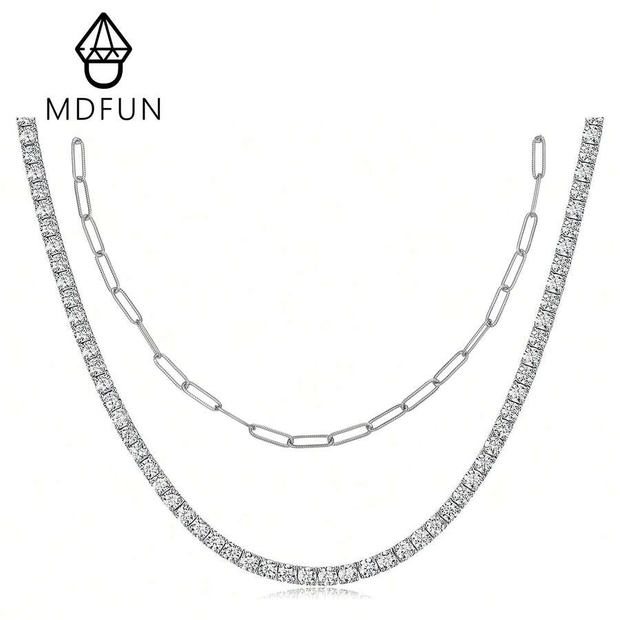 MDFUN 2件組混金屬層次項鍊套組,不鏽鋼迴紋針/橢圓鏈條 + 銅色 3mm CZ 鑽石網球疊戴項鍊,女款 - 白色 - 查看 1