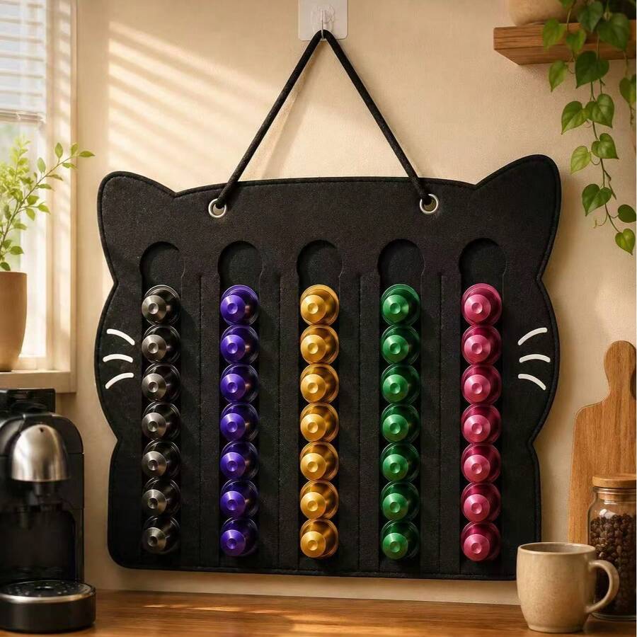1pc Cat Shaped Thick Felt Coffee Pod Holder, Wall Hanging 5 Classification Slots 35 Capsules Capacity Coffee Capsule Organizer For Kitchen Home Decor - Multicolor - View 1
