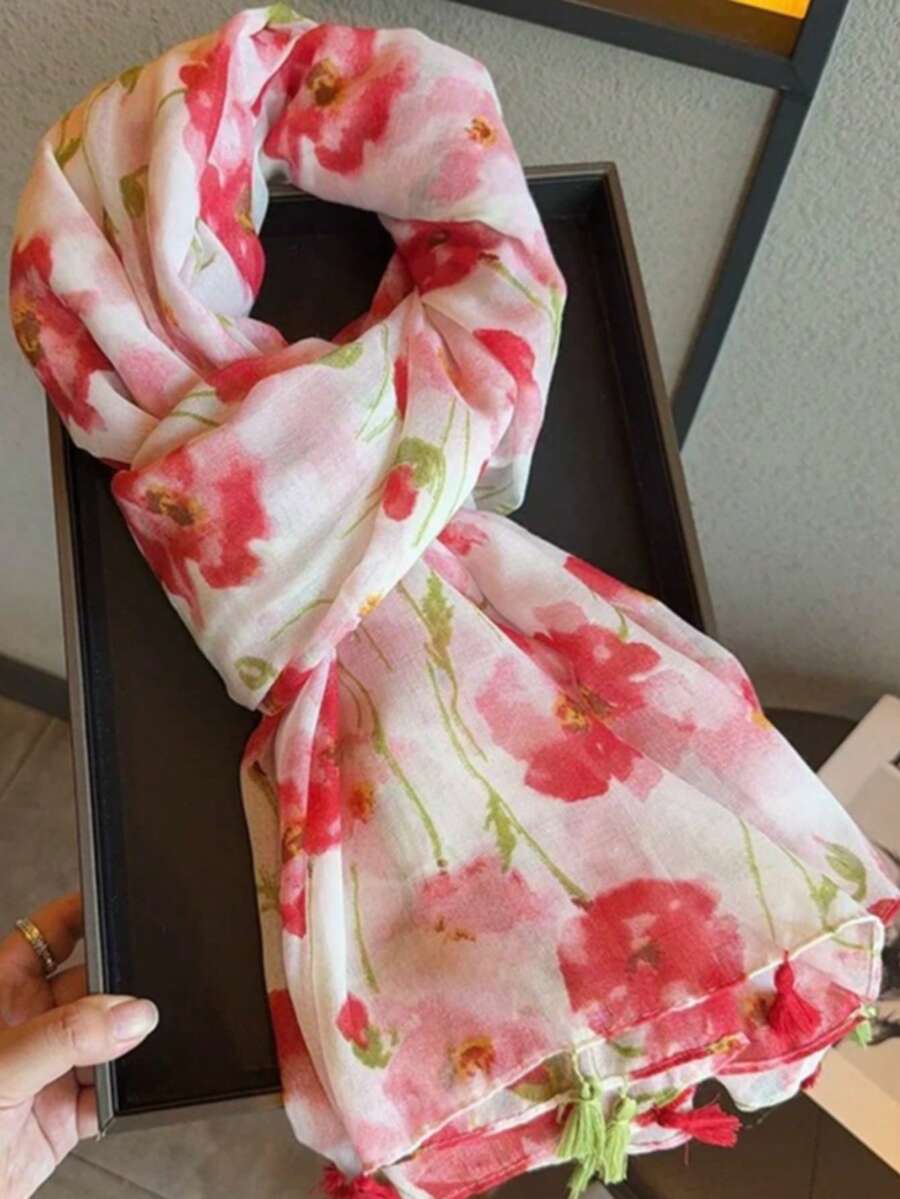 1件新款甜美愛心流蘇女款圍巾,薄款防曬披肩,適合春夏季旅行、海灘、冷氣房使用 - 粉色 - 查看 1