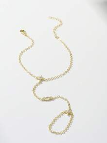 1pc Fashion Stainless Steel Finger Chain Bracelet, Minimalist Versatile Rice Bead Finger Chain, Simple Hand Back Ring Jewelry (Random Number Of Round Beads), Aesthetic - Gold - View 2