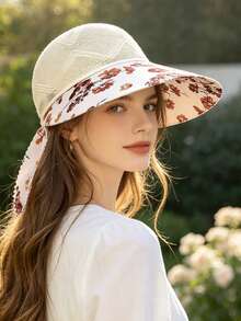 1pc Floral Ribbon Open Top Sun Hat For Women, Summer Hollow Wide Brim Sun Protection Hat, Ponytail Tie, Beach Vacation Sun Hat - Floral Print - View 4