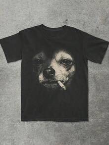 T-shirt printemps/été 2026 avec motif rétro d'un chihuahua fumeur dans le style punk Y2K, cadeau personnalisé unique pour les amoureux des chiens, couleur noire décontractée, pour femmes. - Noir - Voir 1