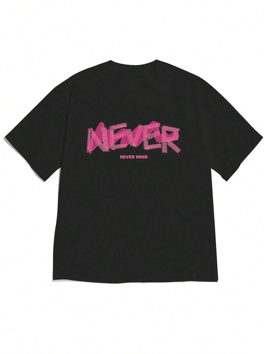 2026 Spring/Summer New Women's Off-Shoulder Short-Sleeve T-Shirt With 'NEVER MIND' Creative Graffiti Font,  Text, Sweet And Cool Street Style, C - 黑色 - 查看 1