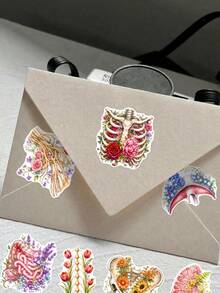 50Pcs Watercolor Floral Human Anatomy Organ Stickers, Vintage Medical Skeleton Tissue Floral Decals, Realistic Heart Brain Lung Bone Nerve Rose Peony Wildflower Stickers For Journal, Envelope, Laptop, Scrapbook & Medical Student Crafts - Multicolor - View 6