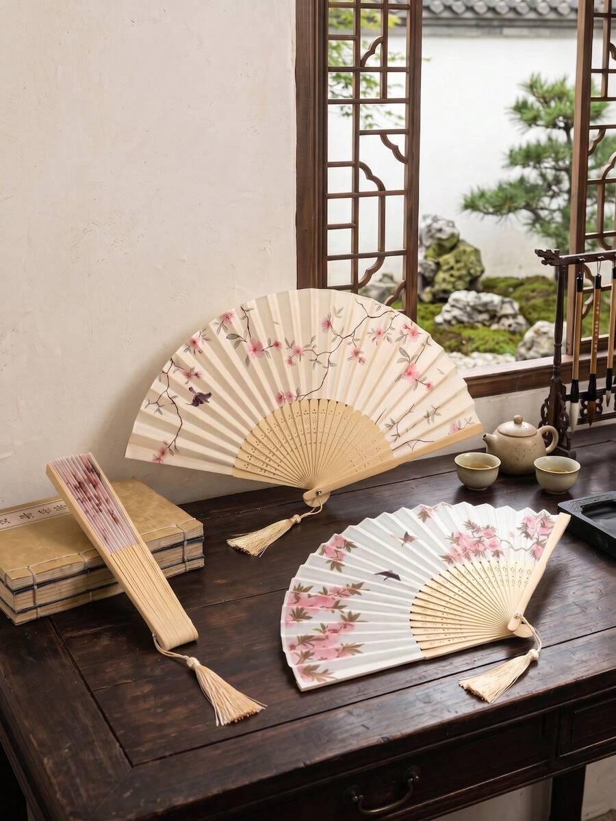 1件復古折扇，流蘇手持竹扇，海棠扇，竹扇，彩繪扇，折疊手扇，婚禮手扇，派對手扇，裝飾扇，優雅休閒風，生日禮物，返校禮物，畢業季禮物，婚禮季禮物