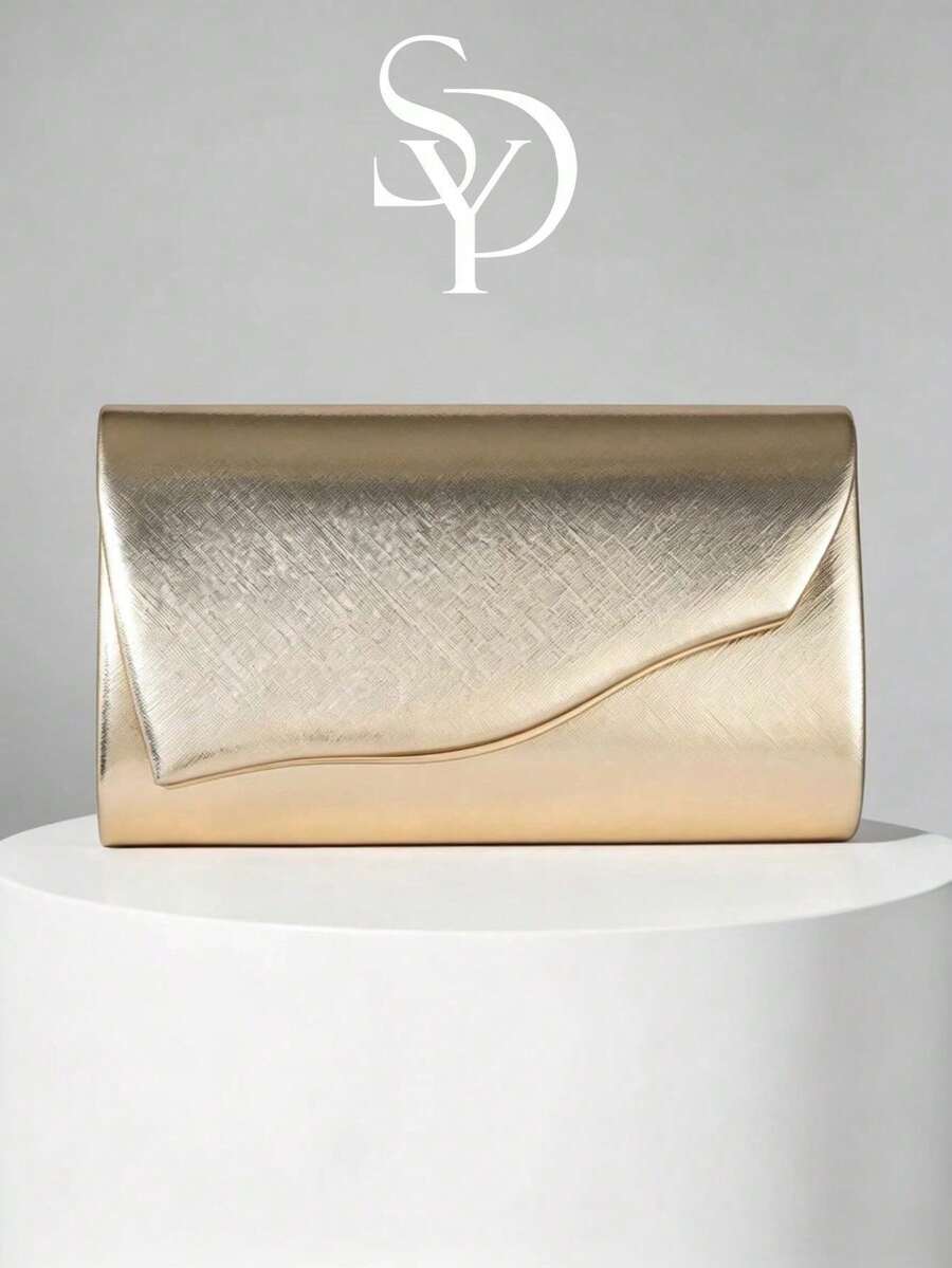 Metallic Gold Crinkle Envelope Clutch, Elegant Evening Handbag, Suitable For Formal Parties, Weddings And Galas - Gold - View 1