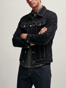Men's Black Contrast White Stitching Denim Trucker Jacket Casual Denim Coat - Black - View 5