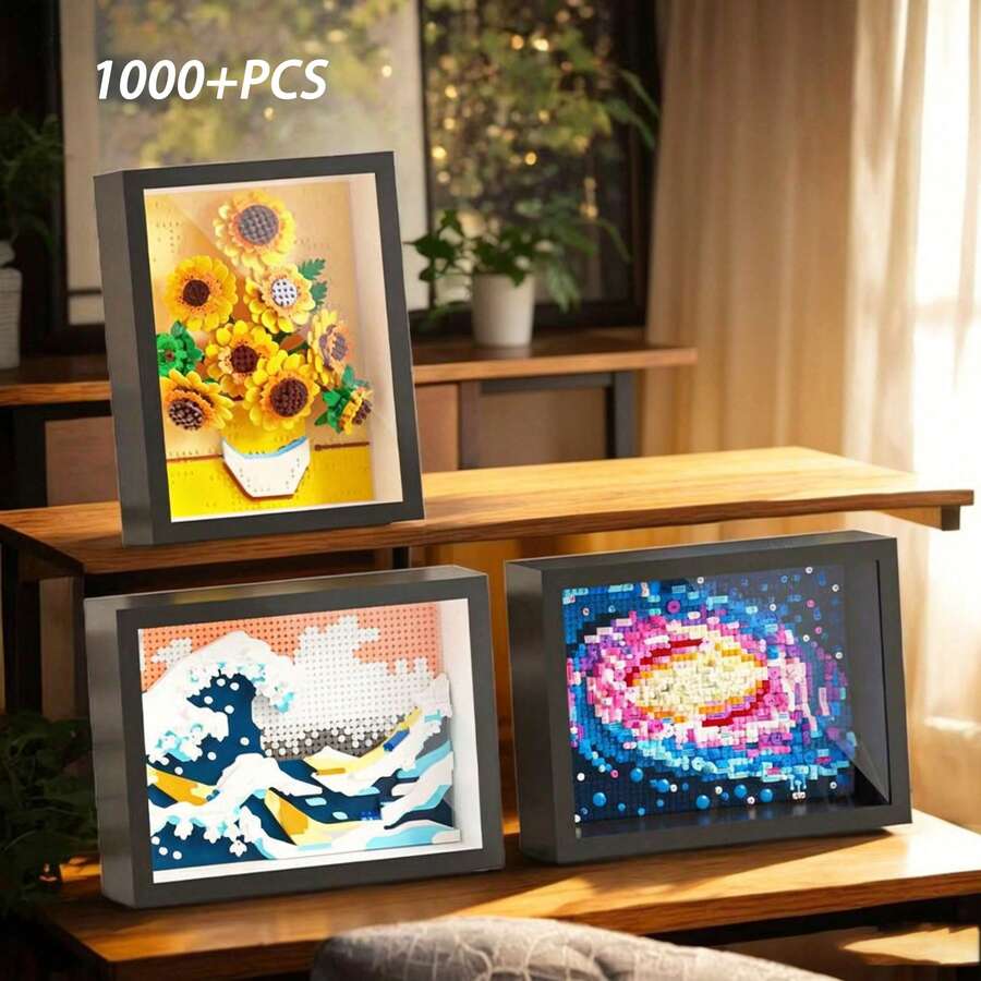 900+Pcs Famous Painting Building Blocks Puzzle With Frame, Van Gogh Galaxy Pixel Art Building Blocks, Starry Night, Great Wave Off Kanagawa, Sunflower Frame, Assembled Famous Painting, Building Block Toy Set, Living Room Home Decor Painting, Creative DIY Wall Decor, Assembled Art Hanging Painting, Creative Gift - Multicolor - View 1