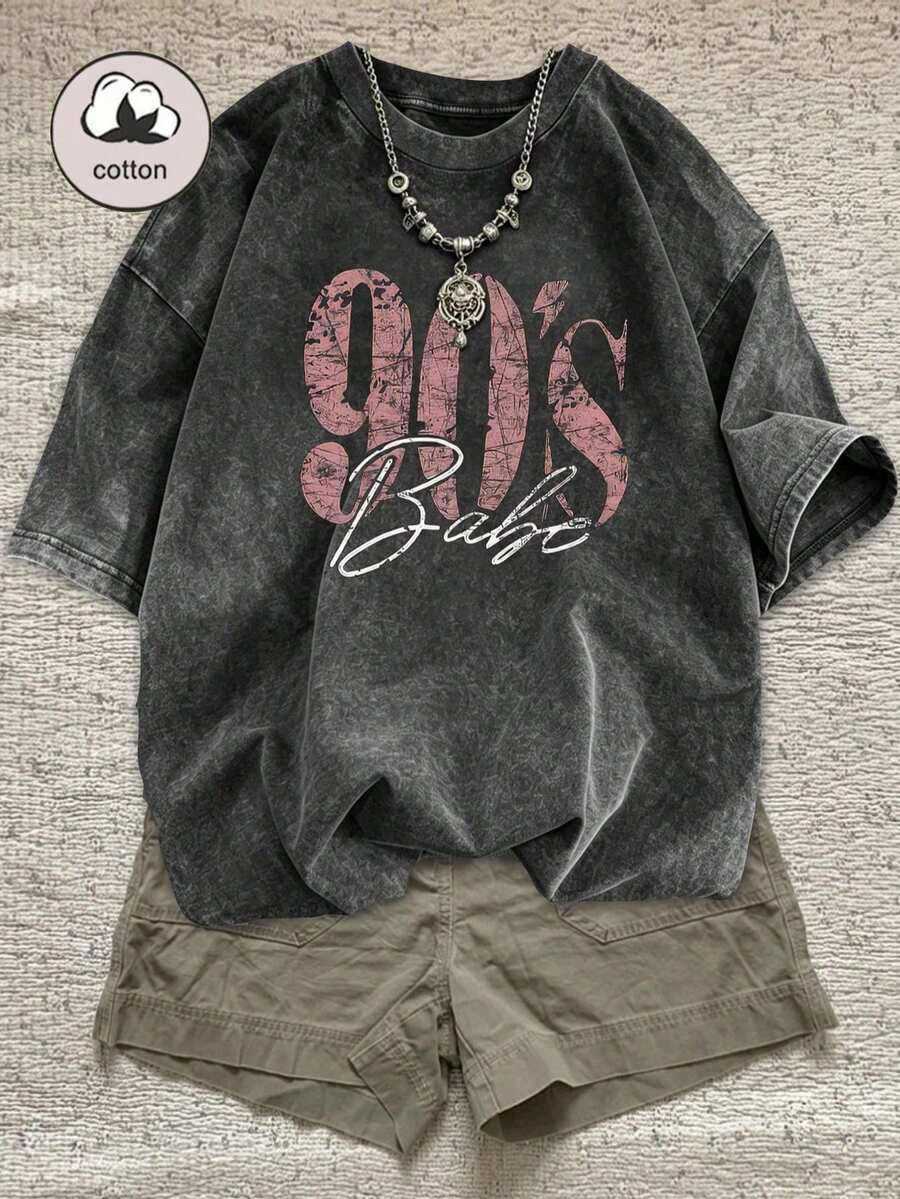 90s Retro Print Women's T-Shirt - Casual Short Sleeve Crew Neck Washed Top, Suitable For All Seasons Black Summer - Black - View 1