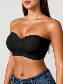 Black Strapless Non-Slip Wireless Bra, No Padding, Invisible, Sexy Versatile Front-Closure Bra, Suitable For Off-Shoulder Outfits - Black - View 3