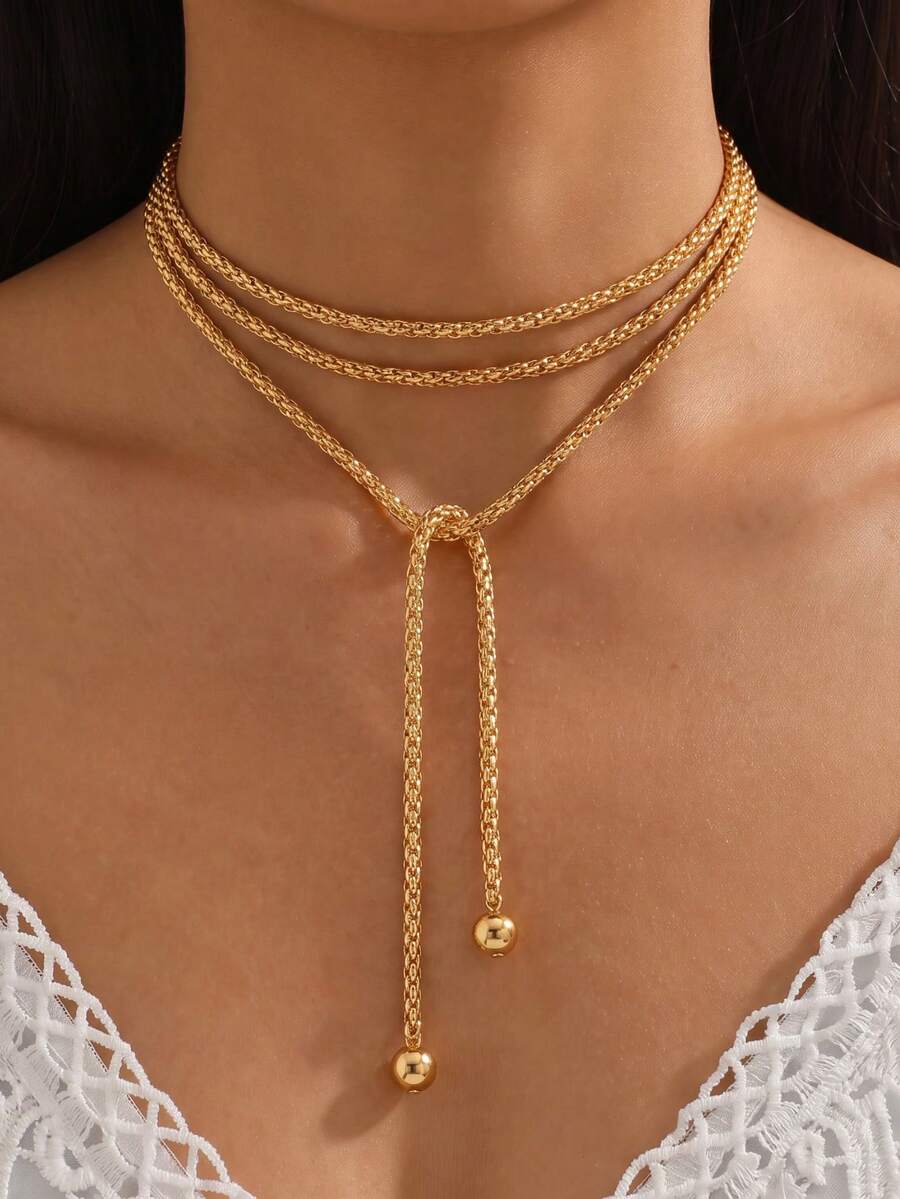 1pc Minimalist Multi-Layer Wrapped Long Necklace, Suitable For Women's Daily Wear, Dating, Party, Vacation, Travel, Gift For Girlfriend And Mom - Yellow Gold - View 1